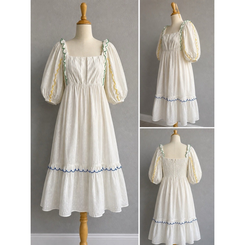 FARM Rio White Eyelet Cotton Midi Dress Puff Sleeve Ric RacTrim Cottagecore Sz S